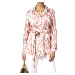 Chloe Kristyn NWT Floral Erin Blouse Size 1X White Coral Pink Belted Button Down